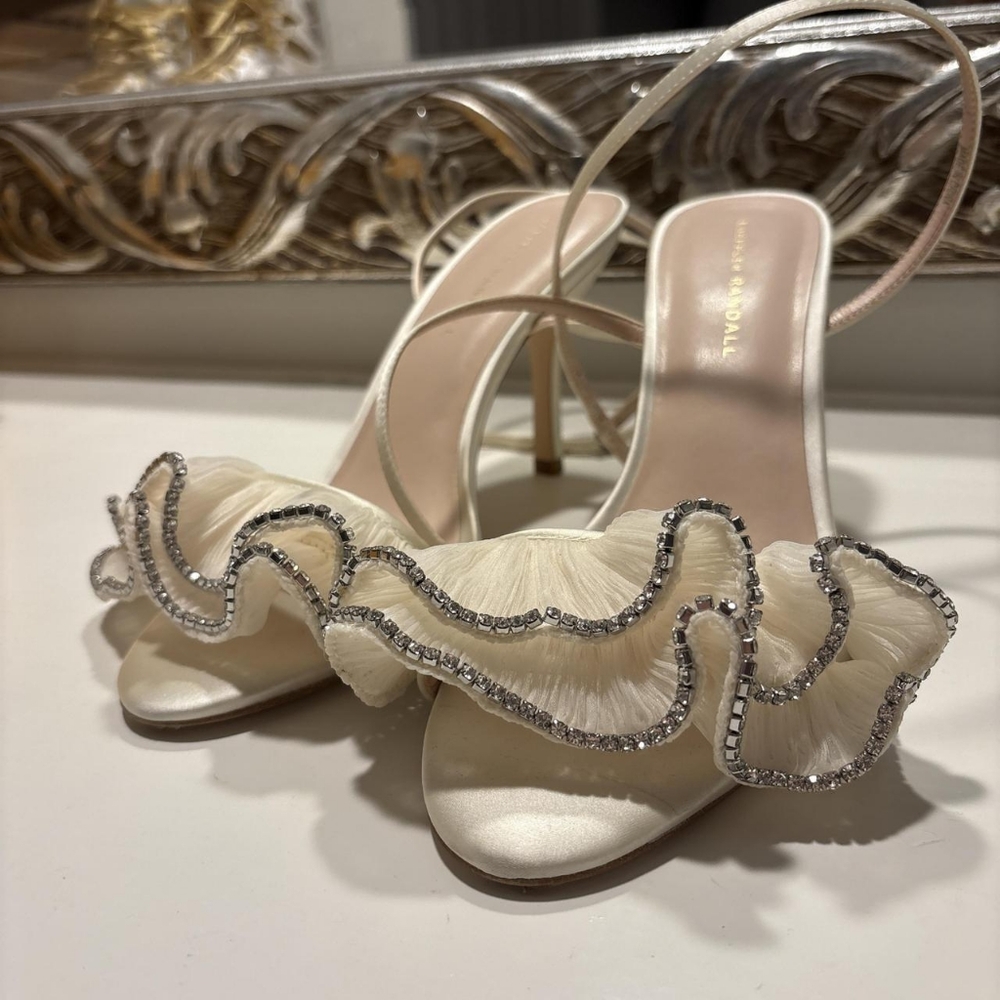 Ivory Ruffle Crystal Strap Slingback Heels